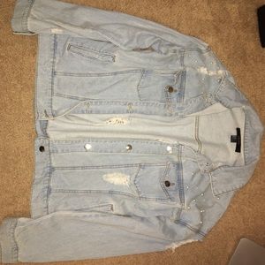Light Wash Denim Jacket with Pearl Embellishment